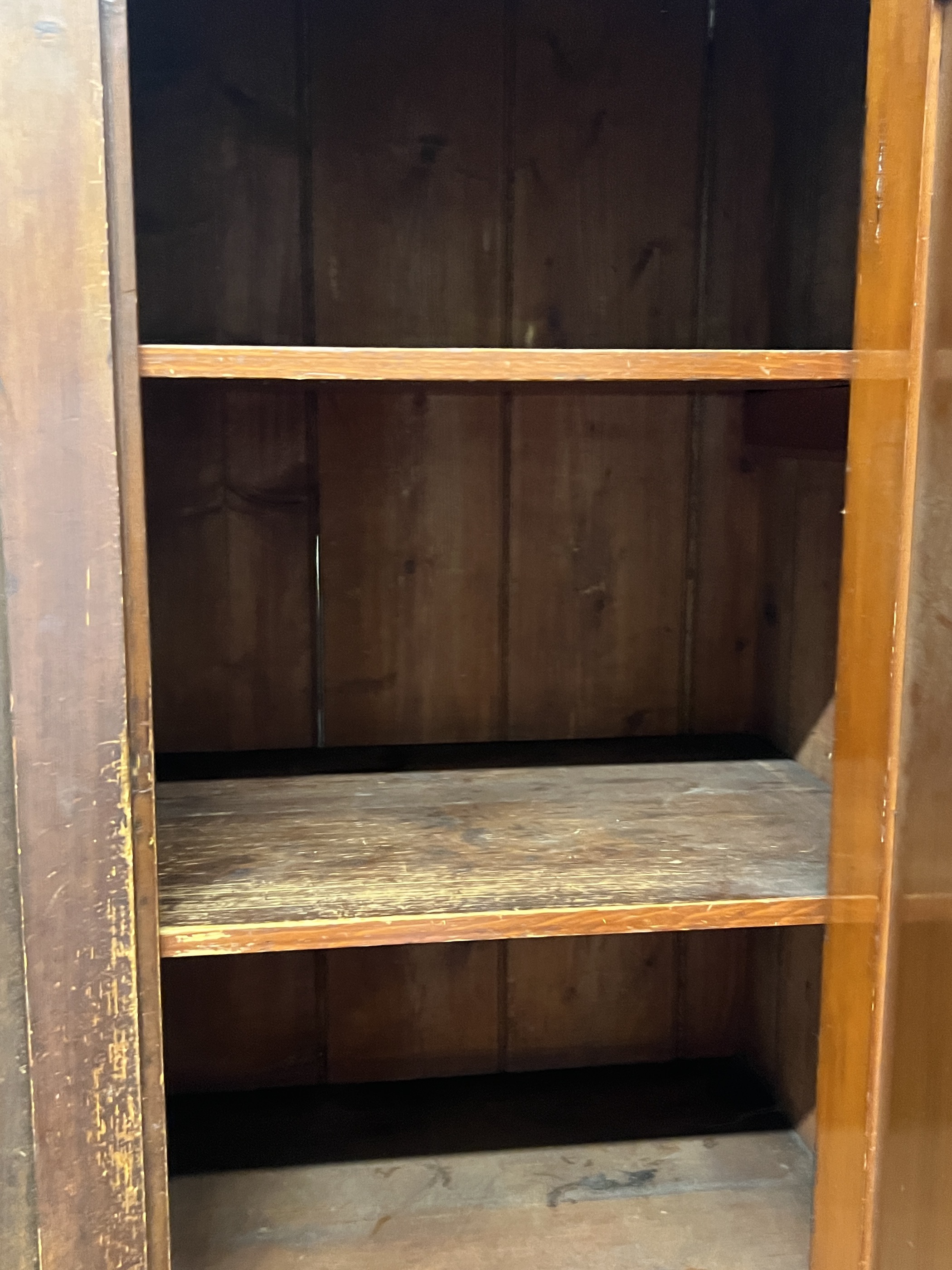A Victorian pine four door household cupboard, width 109cm, depth 48cm, height 194cm